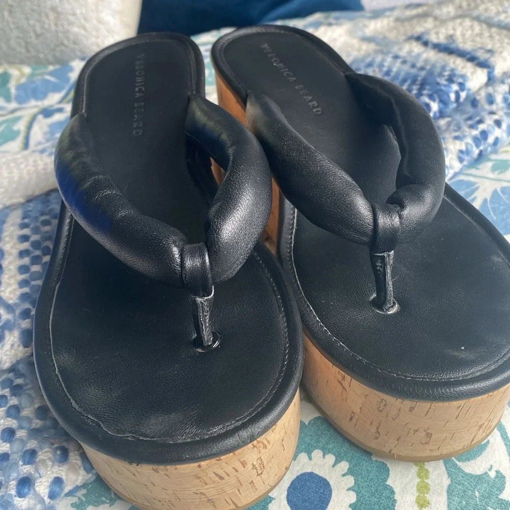 Veronica Beard Black Geno Cork Wedge Platform Thong Sandals Leather size 9 - Picture 7 of 13